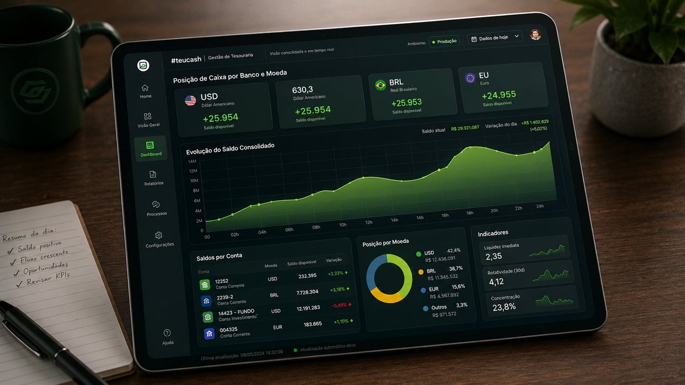 Dashboard Miller com posição de caixa consolidada por banco, moeda e país